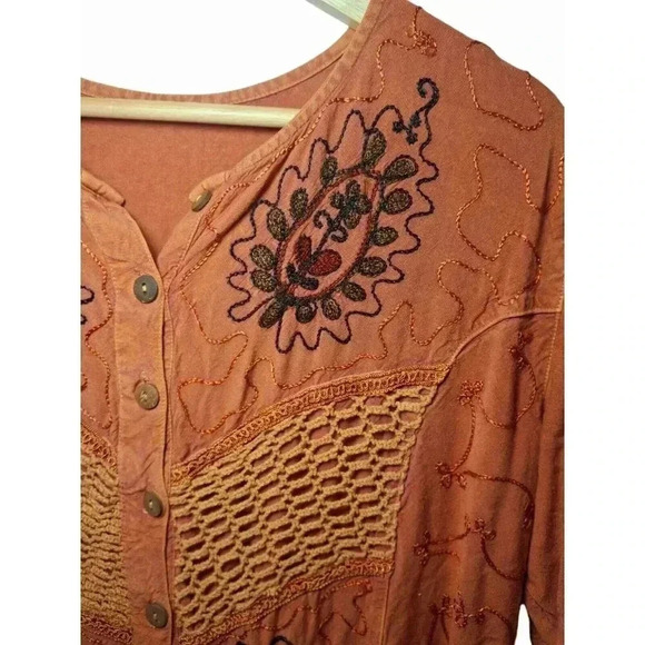 Vintage Boho Terracotta Maxi Dress with Crochet Accents and Floral Embroidered L - Picture 5 of 13